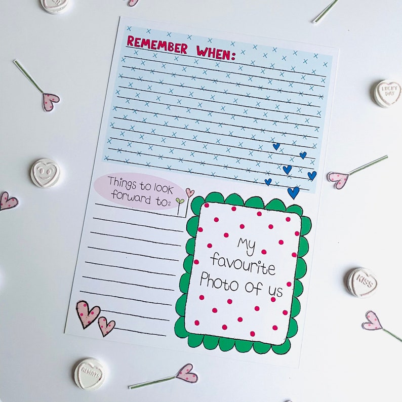 May include: A printable worksheet with a blue and white patterned background. The worksheet has the text "Remember When" and "Things to look forward to:" with lines for writing. There is a green and white frame with the text "My favorite photo of us" and red polka dots.