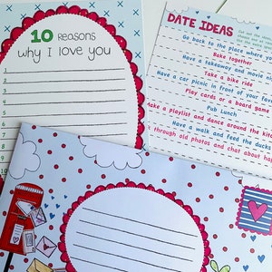 May include: A printable card with a pink and white design. The card has a list of 10 reasons why you love someone and a section for writing in the reasons. The card also has a list of date ideas.