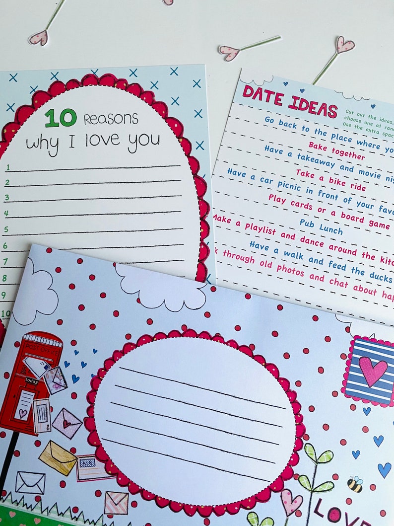 May include: A printable card with a pink and white design. The card has a list of 10 reasons why you love someone and a section for writing in the reasons. The card also has a list of date ideas.