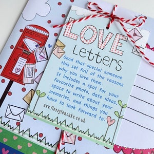 May include: A set of blank cards with a red and white string tied around them. The cards are decorated with a red mailbox, hearts, and the text "LOVE Letters". The text on the cards reads "Send that special someone this set full of the reasons why you love them. It includes a spot for your favorite photo, date ideas, space to write about your memories, and things you have to look forward to. www.flossyteacake.co.uk"