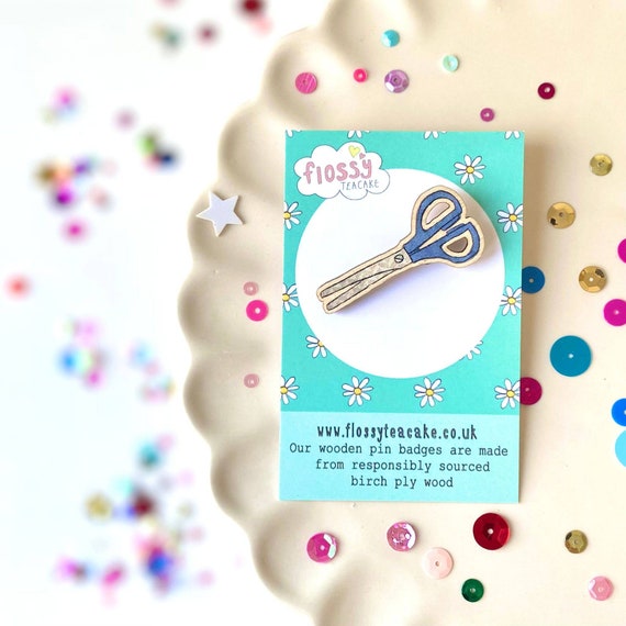 Scissors Badge Wooden Badge Scissors Gift Pin Badge Etsy