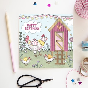 Carte d’anniversaire de poule | Anniversaire de la ferme | Carte de poule | Carte de poulet | Carte pour elle | Conception mignonne | Imprimé au Royaume-Uni