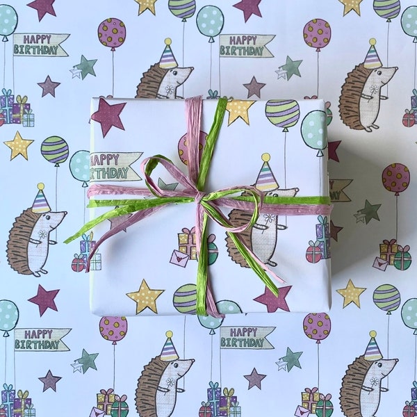 Hedgehog Birthday Eco Wrapping Paper Sheet | 70cm x 50cm | Eco Friendly Recyclable | Gift Wrap | Plastic Free | Carbon Zero