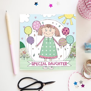 Besondere Tochter Geburtstagskarte | Alles Gute zum Geburtstag Tochter Karte | Geburtstag Karte | Niedliches Design | Hand-Illustration und gedruckt UK