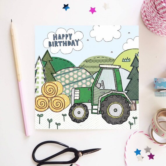 Biglietto Di Auguri Di Compleanno Per Bambino 2 Anni, Jonny Javelin Con Trattore E Animali Della Fattoria, Con Glitter E Lamina D'Argento