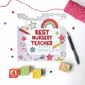 Meilleure carte de professeur de crèche | Merci professeur | Conception mignonne | Illustration à la main et imprimé au Royaume-Uni
