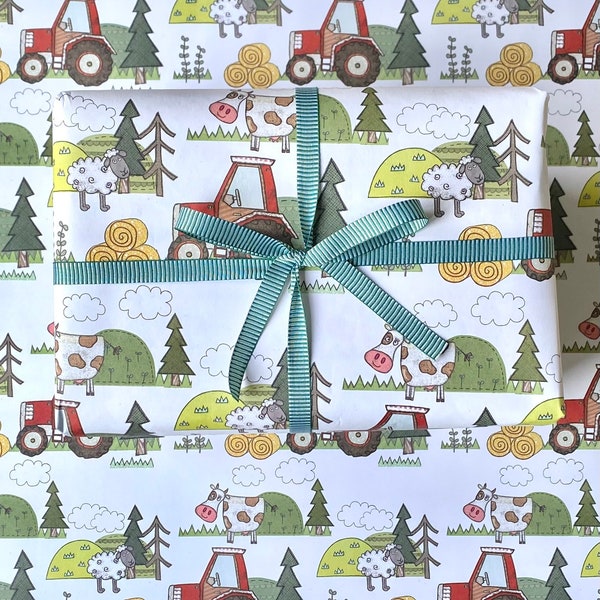 de papier d'emballage écologique Tractor Farm | 70 cm x 50 cm | Respectueux de l'environnement et recyclable | Emballage cadeau | Sans plastique | Zéro carbone