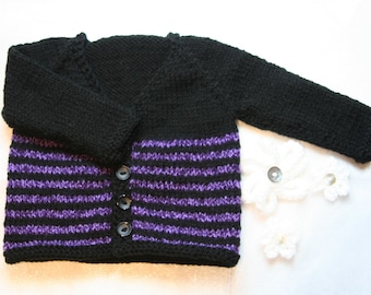 Baby cardigan - 0-3 months  - black with purple stripes - hand knitted