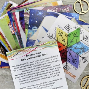 May include: A set of 30 square cards with colourful textile art and text. The cards are part of a Bible Contemplation Cards set, featuring names of Jesus and related scripture. The cards are designed for quiet personal prayer, reflection, or group study.