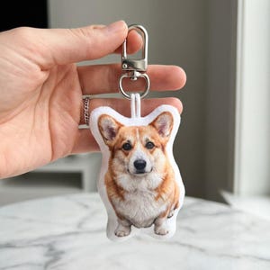 May include: A corgi-shaped keyring featuring a detailed image of a corgi dog. The keyring has a silver-coloured clasp and a white fabric backing. The corgi has brown and white fur.