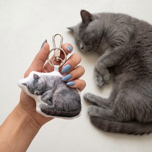 May include: A keychain with a sleeping grey cat design, held by a hand with blue nails. The keychain has a silver clasp. A sleeping grey cat is in the background.