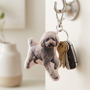 Op de afbeelding: Een sleutelhanger in de vorm van een hond met een foto van een hond met krullend haar in grijstinten en bruin. De sleutelhanger is bevestigd aan een zilveren metalen clip en een sleutelring met sleutels en een autosleutelhanger. De sleutelhanger hangt aan een wandhaak.