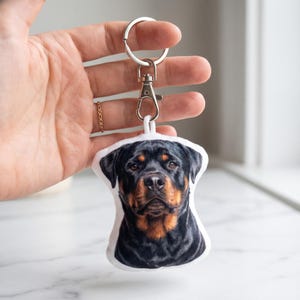 May include: A Rottweiler dog keyring with a silver metal ring and clasp. The keyring features a detailed image of a Rottweiler's face, showcasing its black and brown markings. The dog's image is printed on a white, soft material.