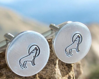 Personalized Wolf Cufflinks: Hand Stamped Silver Tone Groomsmen Gift
