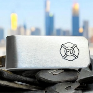 Bombero, Departamento de Bomberos, Clip para billetes grabado, Clip para billetes personalizado, Clip para billetes plateado, Billetera de metal, Billetera grabada para hombre, Billetera con bolsillo delantero