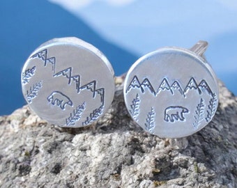 Hand Stamped Polar Bear Cufflinks: Mountain Scene, Groom Gift
