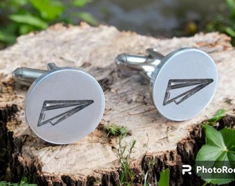 Personalized Paper Airplane Cufflinks, Engraved Aluminum Cuff Links, Pilot Gift for Men, Aviation Gift, Groomsmen Gift, Groom Gift