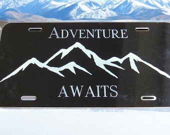 Custom Mountain License Plate, Adventure Awaits Car Tag, Personalized Front License Plate, Mountain Decor, Outdoor Gift, Camper Gift