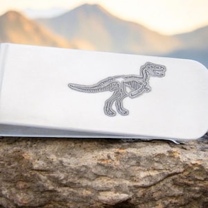 Dinosaurio, Clip para billetes con monograma, Clip para billetes grabado, Clip para billetes personalizado, Clip para billetes plateado, Billetera de metal, Billetera grabada, Clip para billetes de padrinos de boda