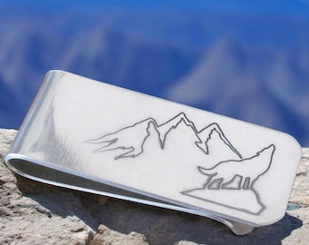 Engraved Howling Wolf Money Clip: Aluminum Mountain Design
