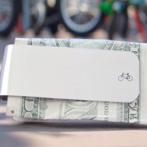 Bicicleta, Ciclista, Clip para billetes plateado, Clip para billetes grabado, Clips para billetes personalizados, Billetera grabada para hombre, Billetera de metal, Billetera con bolsillo delantero