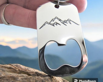 Engraved Mountain Beer Opener Keychain: Custom Stainless Steel Gift