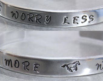Horse Bracelet, Worry Less, Ride More, Cuff Bracelet, WOrding Inside, Horse Jewelry, Equestrian Jewelry, Horse Lover Gift, Gift for Her