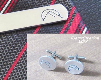 Personalized Cufflink and Tie Clip Set, Mountain Tie Clip, Mountain Tie Bar, Birthday Gift for Him, Custom Tie Bar, Tie Clip Personalize