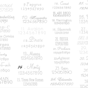 Peut inclure: Un tableau de 32 polices de caract&egrave;res diff&eacute;rentes avec les chiffres 1234567890 imprim&eacute;s dans chaque police. Les polices sont nomm&eacute;es dans le tableau, telles que Conscript, Papyrus, Cornet et Munster.