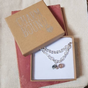 May include: A silver chain bracelet with two charms, one is a black and white hedgehog and the other is a clear pink and white crystal ball. The bracelet is in a white box with the words "CHARM BOUND" printed on the lid.