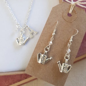Watering can earrings, watering can necklace, personalised gardening gift, initial necklace, gardening jewellery, gift for gardener