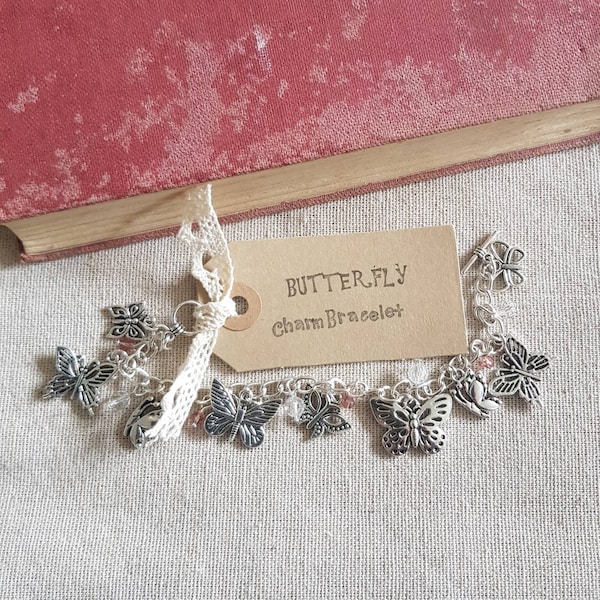 Butterfly charm bracelet, butterfly charms, nature jewellery, nature charm bracelet, wildlife jewellery, butterfly theme gift, garden gift