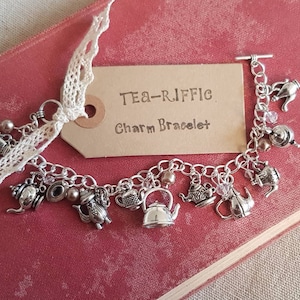 Tea Charm Bracelet, teapot bracelet, tea theme gift, tea party jewellery, gift for tea drinker, mad hatter tea party theme, cup of tea gift