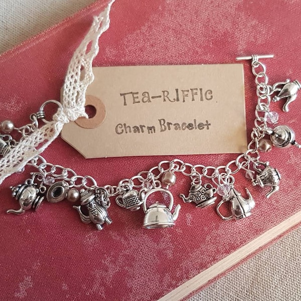 Tea Charm Bracelet, teapot bracelet, tea theme gift, tea party jewellery, gift for tea drinker, mad hatter tea party theme, cup of tea gift