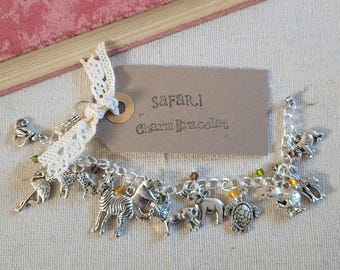 Safari charm bracelet, animal charm bracelet, safari charms, nature bracelet, safari jewellery, African safari bracelet, safari jewelry