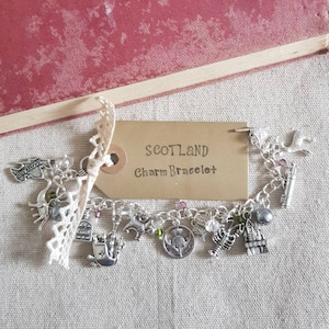 Scotland charm bracelet, Scotland bracelet, Scottish charms, Scotland jewellery, Scottish jewellery, Scotland theme gift, Scottish thistle