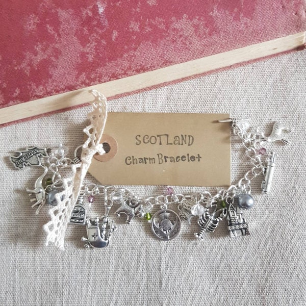 Scotland charm bracelet, Scotland bracelet, Scottish charms, Scotland jewellery, Scottish jewellery, Scotland theme gift, Scottish thistle