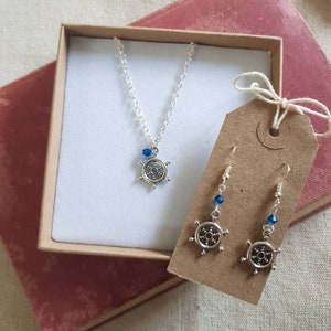 Nautical jewellery, personalised  necklace, ship&#39;s wheel earrings, ship&#39;s wheel necklace, initial necklace, sailing jewellery, sailing gift
