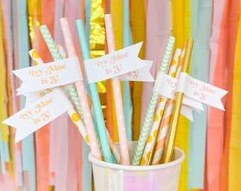 Personalised 3rd birthday party straws - kids birthday straws - childrens party decor - party straws with flags - wild and three theme