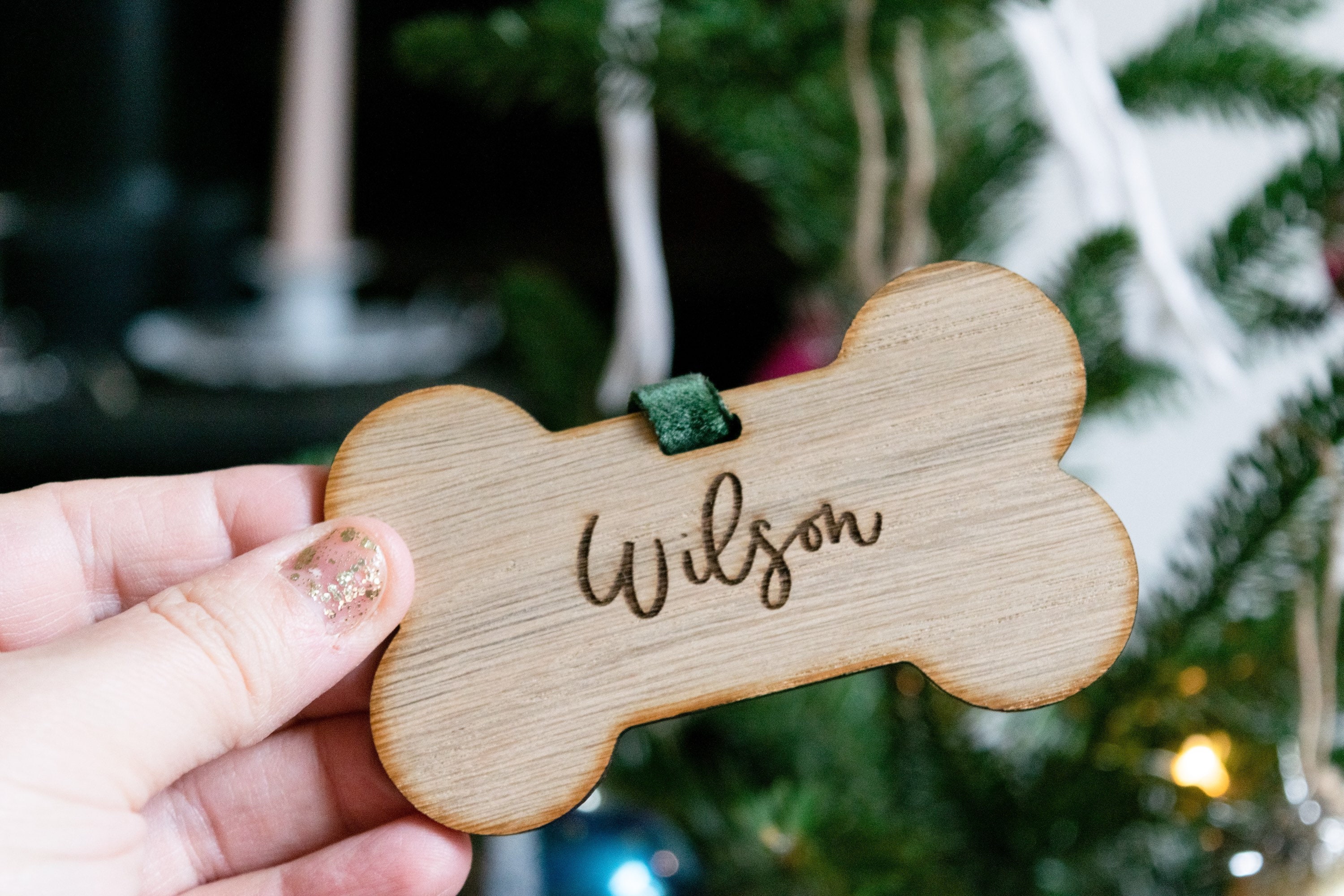 Personalized Dog Christmas Ornament: Engraved Oak Bone - UK