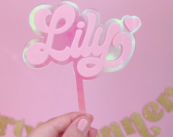 Personalised Name Birthday Cake topper - pink birthday party - iridescent birthday decorations - girls birthday cake decor