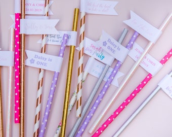 Personalised Party Paper Straws with flags  - Birthday Party Decorations - wedding decorations