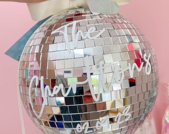 Personalised 20cm Mirror Ball with Custom Vinyl Lettering for Weddings, Hen Parties, or Birthdays
