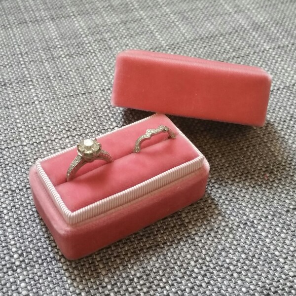 Vintage Pink - Handmade - Vintage Inspired Velvet Double Ring Box - Engagement and Wedding Ring Set Holder