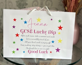 Personalised Lucky Dip GCSE A Level Good Luck Rectangle Stickers Exams Gift Pink Complete with Luxury Boutique White Bag and Rope Handle