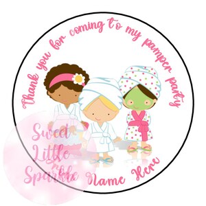Personalised Pamper Party Stickers Thank You For Coming Labels Sweet Box Chocolate Coins Gift Sweet Cone 3 Characters