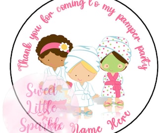 Personalised Pamper Party Stickers Thank You For Coming Labels Sweet Box Chocolate Coins Gift Sweet Cone 3 Characters