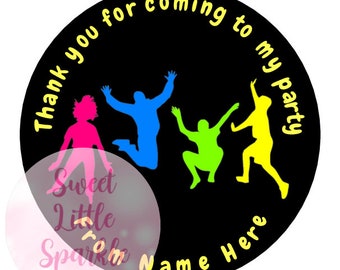 May include: Round black and yellow thank you sticker with a silhouette of four people jumping. The text reads "Thank you for coming to my party" and "Name Here".