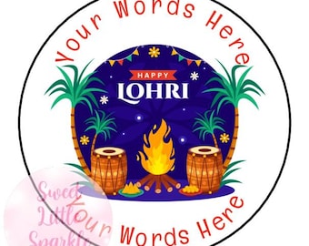 May include: A round sticker with a blue background featuring a bonfire, two drums, and palm trees. The text "Happy Lohri" is in the center of the sticker. The sticker is surrounded by a black circle with the text "Your Words Here" at the top and bottom.