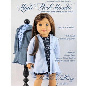 18 inch Doll Clothes Pattern, The Hyde Park Hoodie pattern fits dolls such as American Girl®